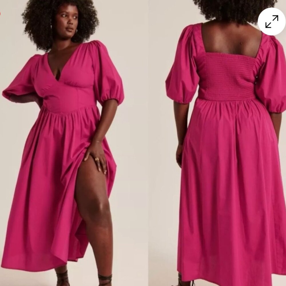 Abercrombie & Fitch puff sleeve corset midi dress in Fuchsia XXS